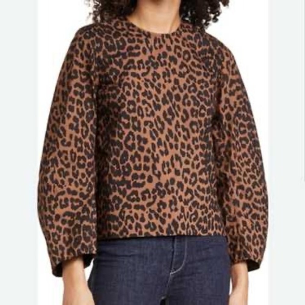 GANNI Leopard Print Organic Cotton Puff Sleeve Blouse Size 34